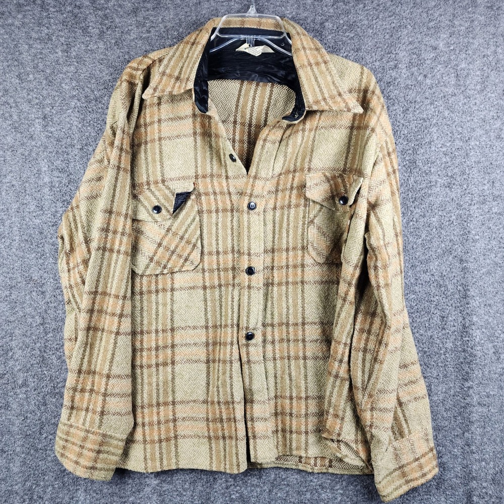 Menswear Shirt Mens XL Vintage 70s 80s Tan Plaid Wool Linen Button-Down EUC